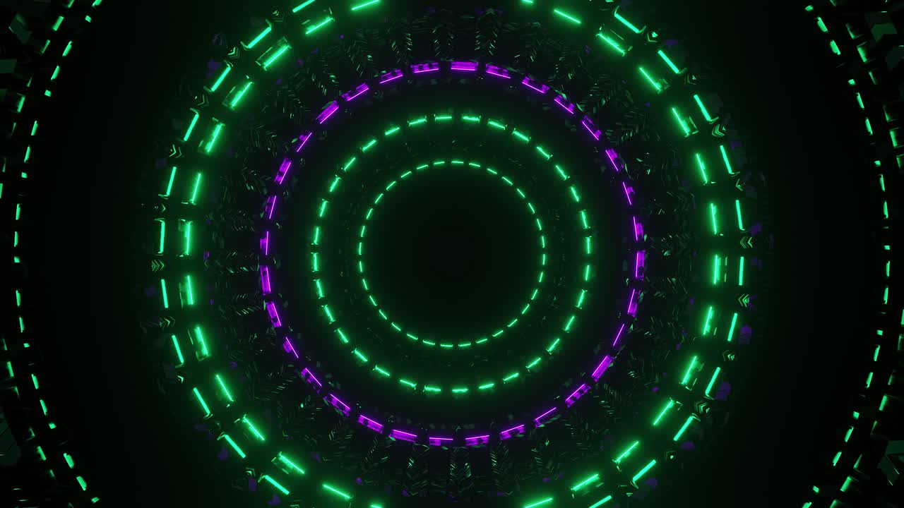 Abstract concept of futuristic big form drum barrel mixers with neon purple and green light rotating left and right in the darkness, motion graphic of VJ loops, 3D, motion graphic