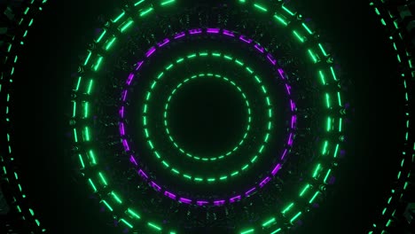 concepto abstracto de mezcladores futuristas de tambor de forma grande con luz verde y violeta neón girando a izquierda y derecha en la oscuridad, gráfico de movimiento de bucles vj, 3d, gráfico de movimiento