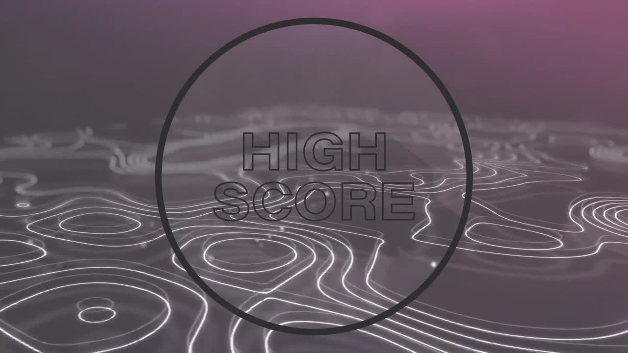 Animation of high score text in black circle outline over white waving lines on purple background