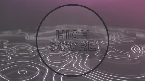 Animation-of-high-score-text-in-black-circle-outline-over-white-waving-lines-on-purple-background