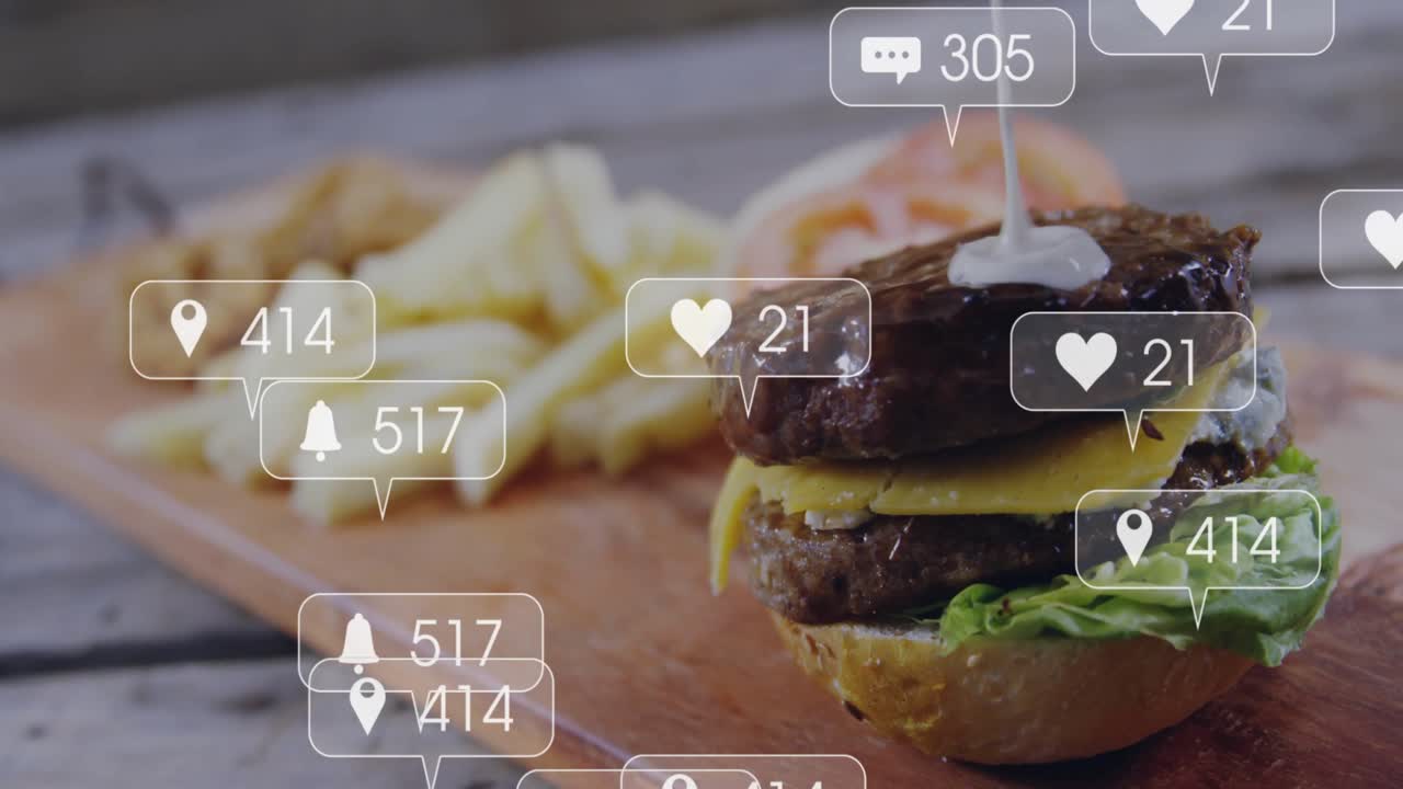 After 1s burger and fries sitting on wood board with social icons accumulating showing engagement