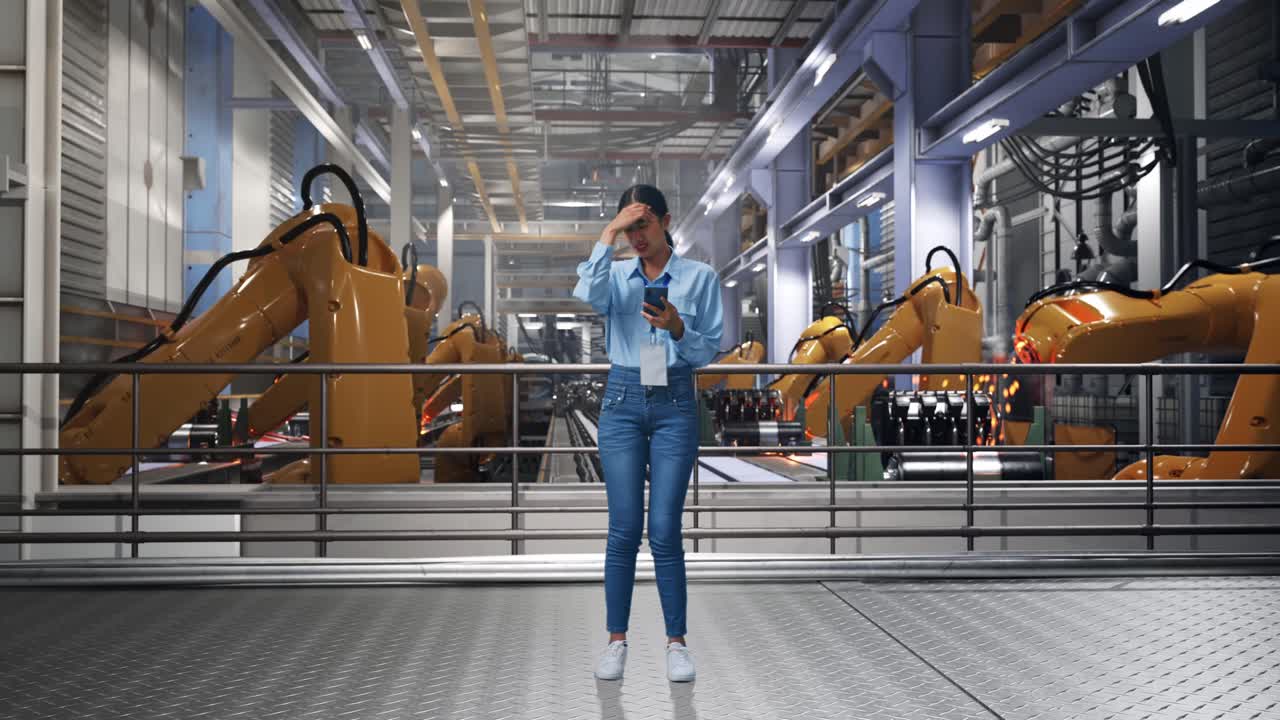 Full Body Of Asian Female With Her Smarphone With Industrial Robotic Arms Working, She Is Nodding Her Shead With Dissapionted