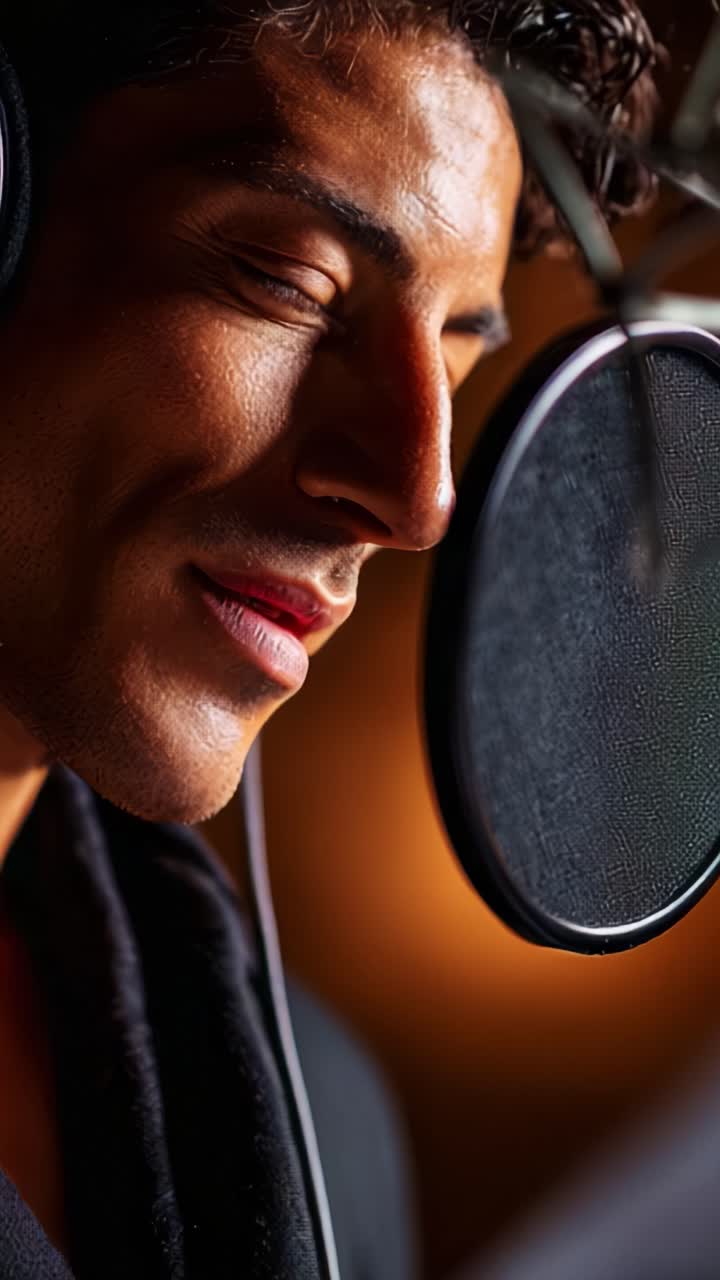 Performance vocale dinamica: momenti accattivanti in studio mentre un artista esprime emozioni cantando in un microfono con passione ed energia
