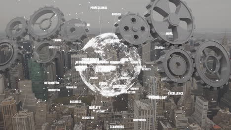 globe spinning with data and connection network with cogs rotating