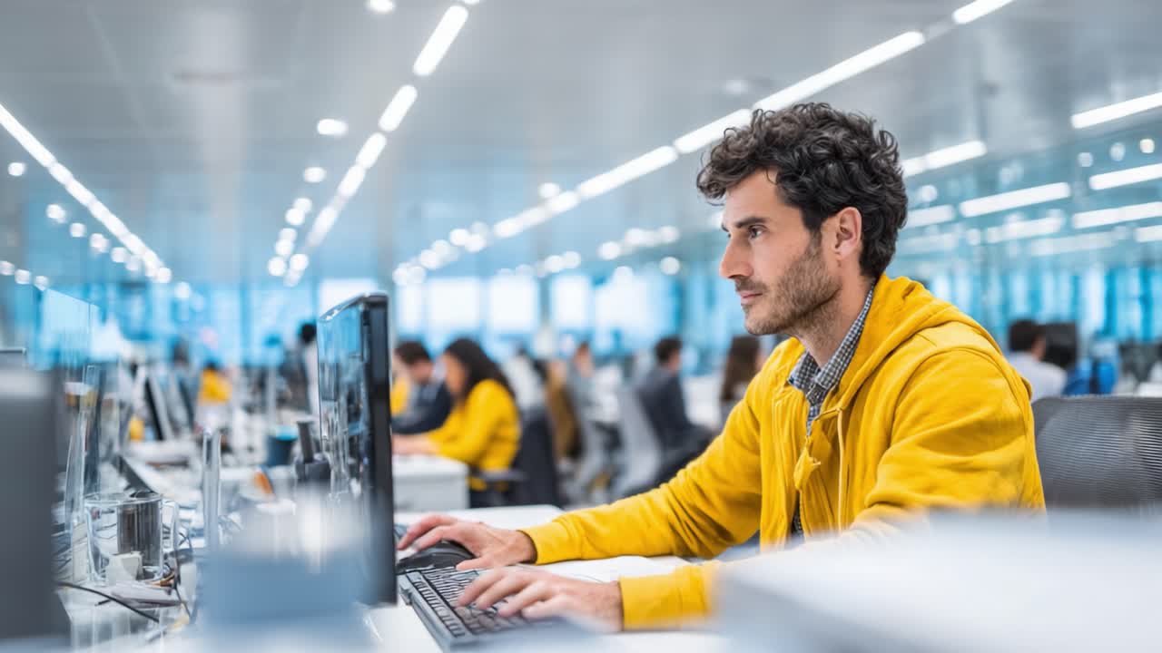 Focused Individual in Bright Yellow Sweater Working on Computer in Modern Office, Surrounded by Colleagues, Engaged in Productive Workspace Atmosphere