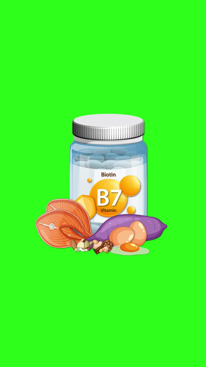 Flacone animato di integratore di Biotina Vitamina B7 con fonti alimentari