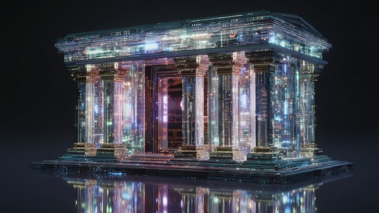 Futuristic digital temple slowly rotating on a dark, reflective surface. The structure, resembling a parthenon, is intricately detailed with glowing circuit boards and electronic components