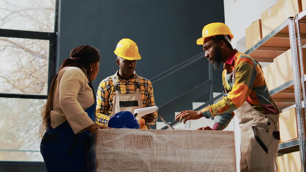 Warehouse workers discussing logistics