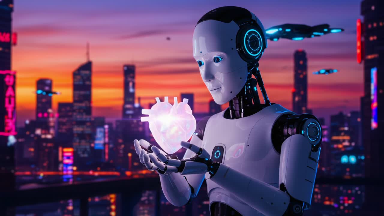 A futuristic robot holds a glowing heart symbol, merging technology and emotion against a vibrant cityscape, highlighting the bond between artificial intelligence and humanity