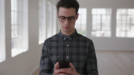 portrait-of-attractive-young-hipster-man-texting-browsing-social-media-using-smartphone-mobile-technology-wearing-glasses-in-new-apartment