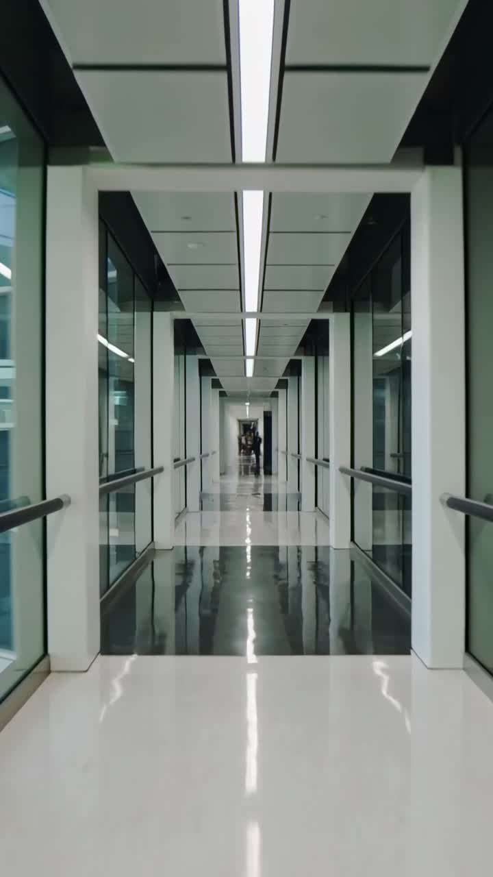 Video vertical: Cámara en movimiento entrando en una pasarela elevada hacia la salida, capturando paredes de cristal, LED y suelo negro.