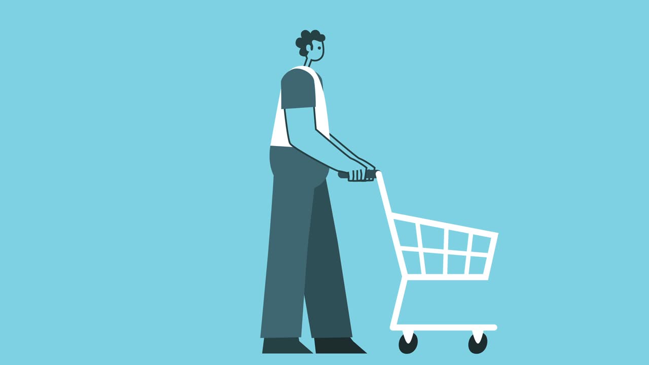 diseño gráfico hombre audaz personaje ciclo de caminata con carrito de compras bucle aislado animación 2d. luma mate.