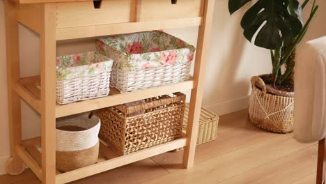 wooden shelving with decorative baskets