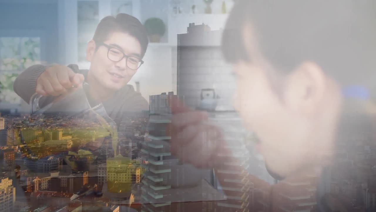 animación de una feliz familia asiática desayunando en el paisaje urbano