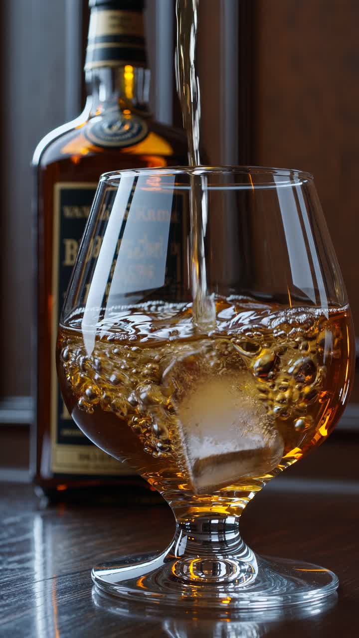 Primo piano di un video di un bicchiere di whisky con una bottiglia sullo sfondo