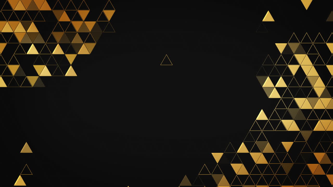 Abstract animated black background with gold triangle shapes. Loop motion graphic. Copy space.