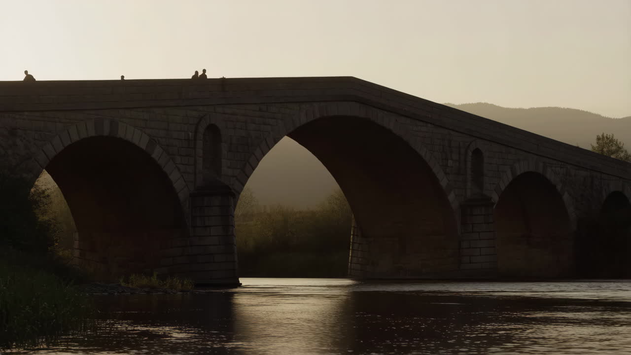 Stone arch bridge with people silhouetted at sunset over a river