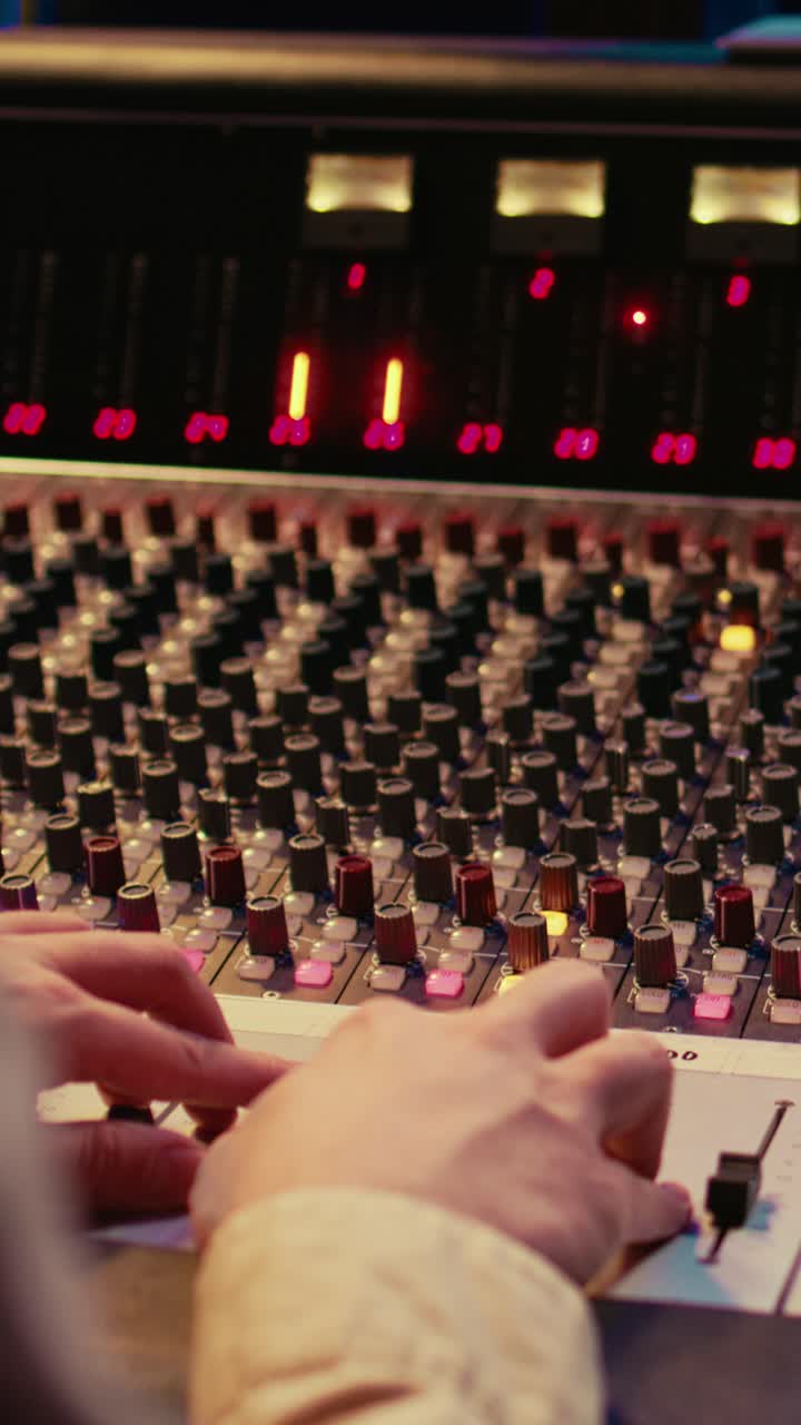 Hands Adjusting Faders and Knobs on a Professional Sound Mixing Console