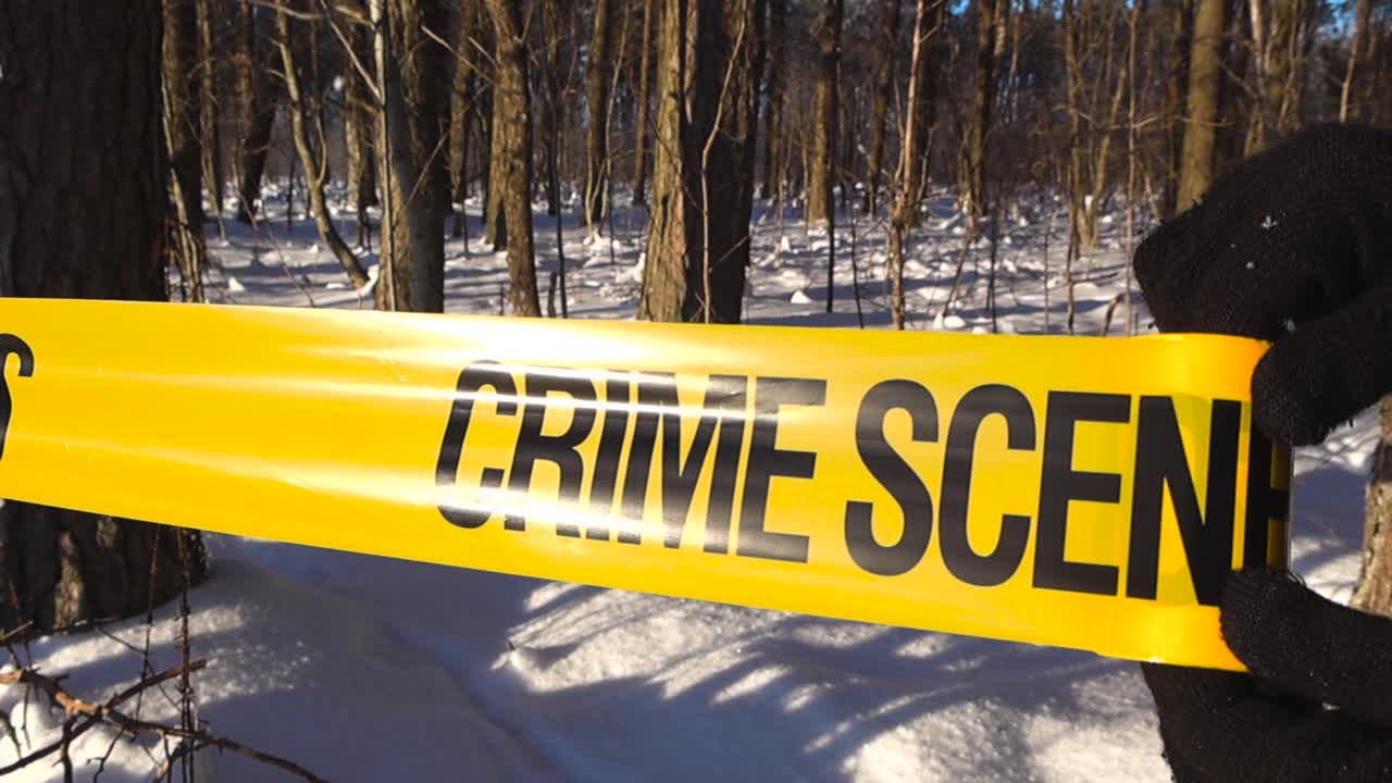 Close view of gloved hands stretching police ribbon across winter woodland area