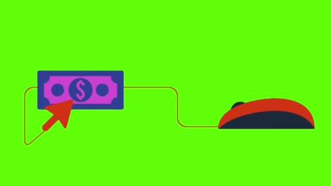animación de un signo de pago con clic en el icono del ratón en una pantalla verde