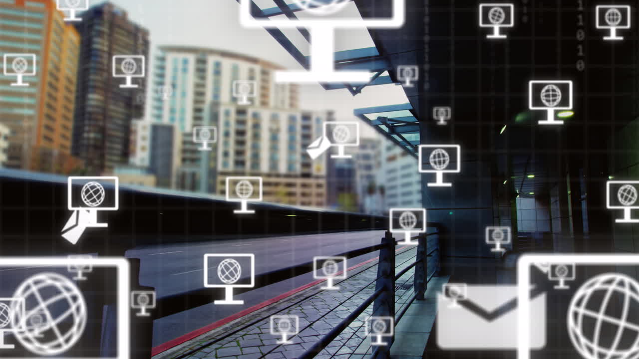 열차 플랫폼 위에 지구를 가진 화면 아이콘 네트워크의 애니메이션