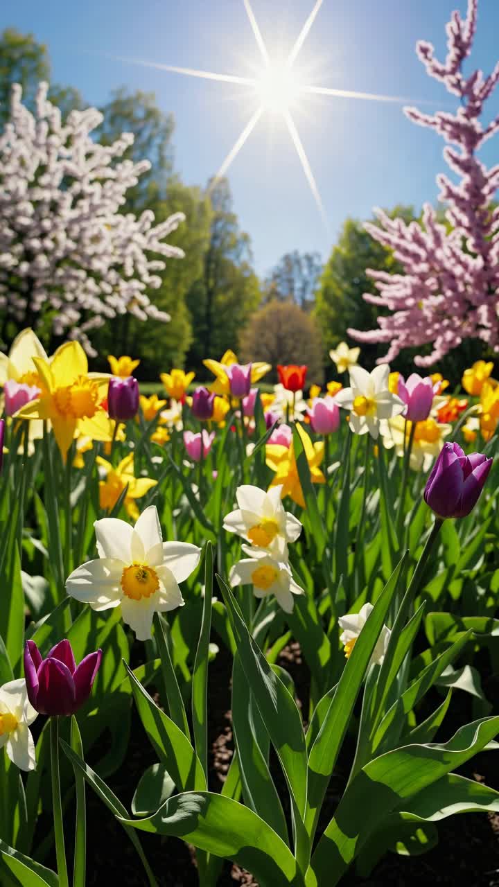Vibrant spring garden with tulips and cherry blossoms captured from a low angle, showcasing colorful