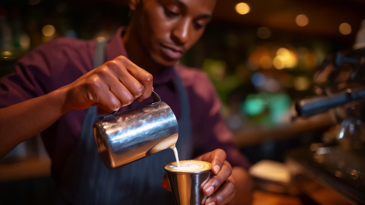 Un barista esperto versa con maestria la panna in una tazza per creare un caffè artistico, catturando l'essenza della cultura del bar e dell'artigianato culinario in azione