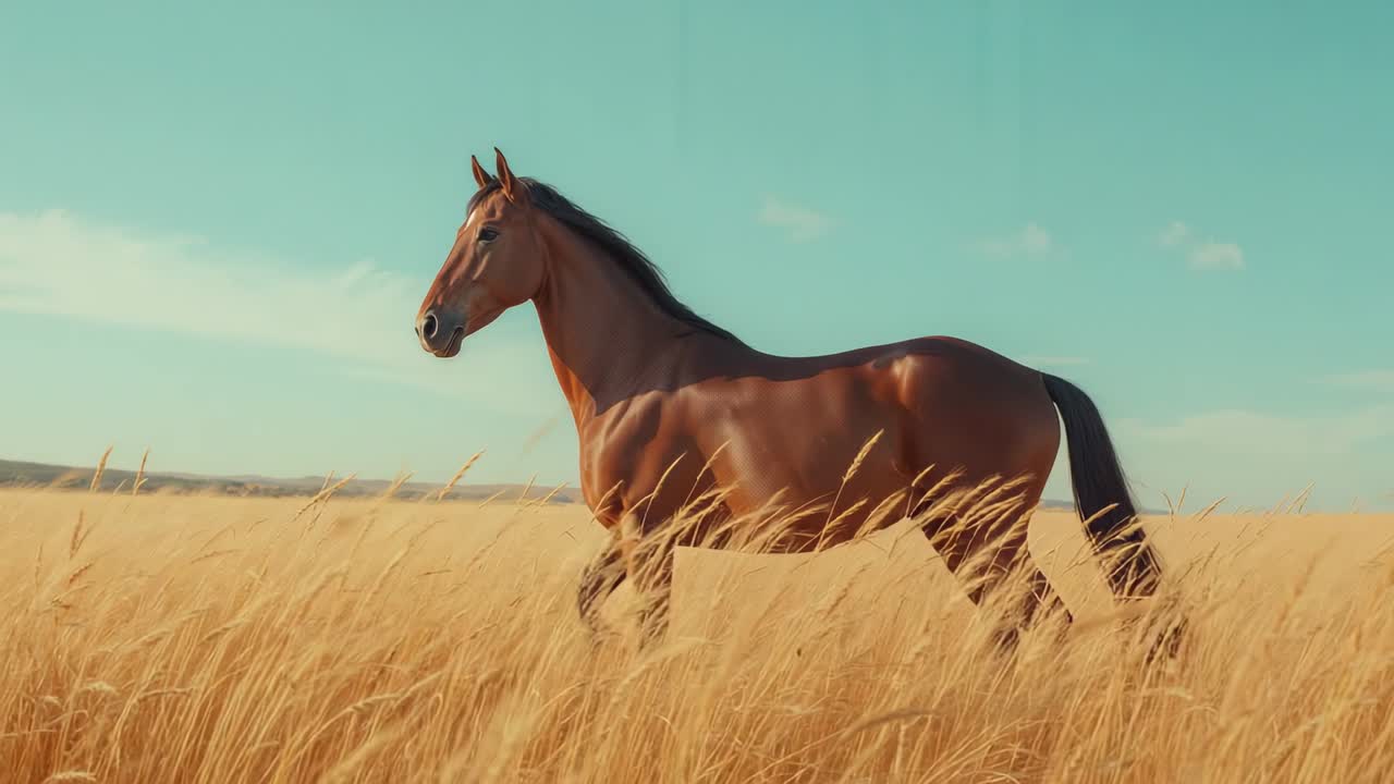Responding to breeze chestnut horse shifting weight and flicking ear in grassland amid golden grass