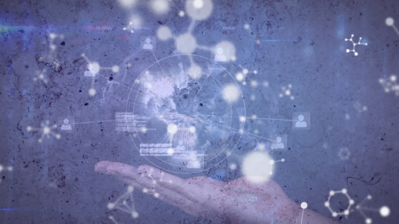 Animation of networks of connections and molecules on blue background