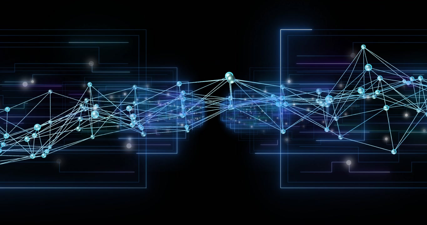 Horizontal node network responding to central pulse, oscillating, sending pulses, showing data flow