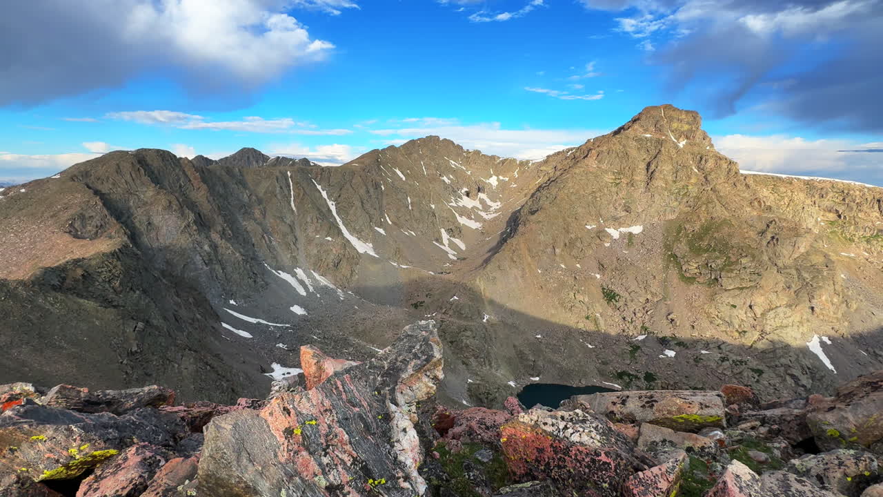 Halo Ridge trail Notch Mountain landscape view Mount of the Holy Cross Wilderness Peak 14er Colorado Sawatch Rocky Mountains sunny morning Tear of bowls alpine lake blue sky clouds pan right motion