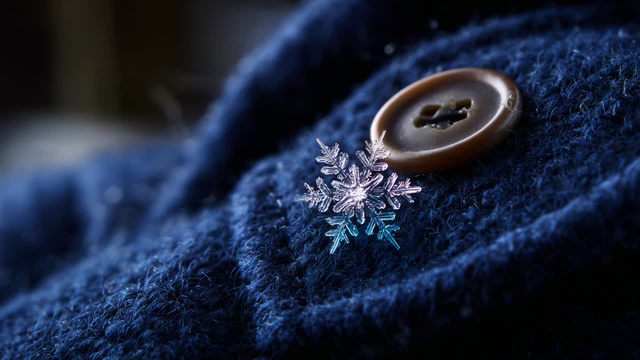 A close-up view of a delicate snowflake brooch elegantly resting on a dark blue wool coat, showcasing intricate details and textures, with a stylish button complementing the overall aesthetic