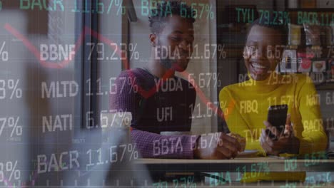 animation of stock market data over african american couple watching video over phone in cafes