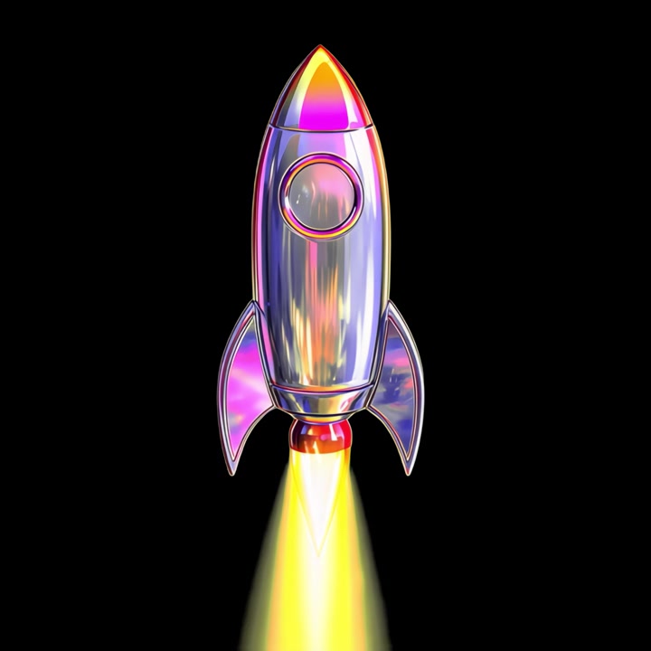 Holographic Chrome Rocket Ship Launching Against Black Background