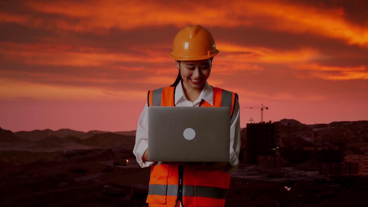 engenheira mulher a trabalhar num portátil no local de construção ao pôr-do-sol