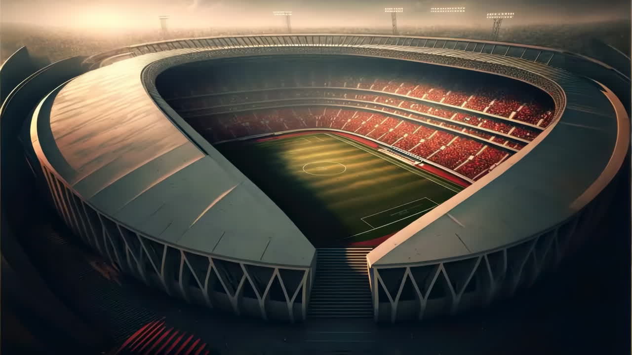 An aerial view of a large, empty football stadium with a green field and red seats