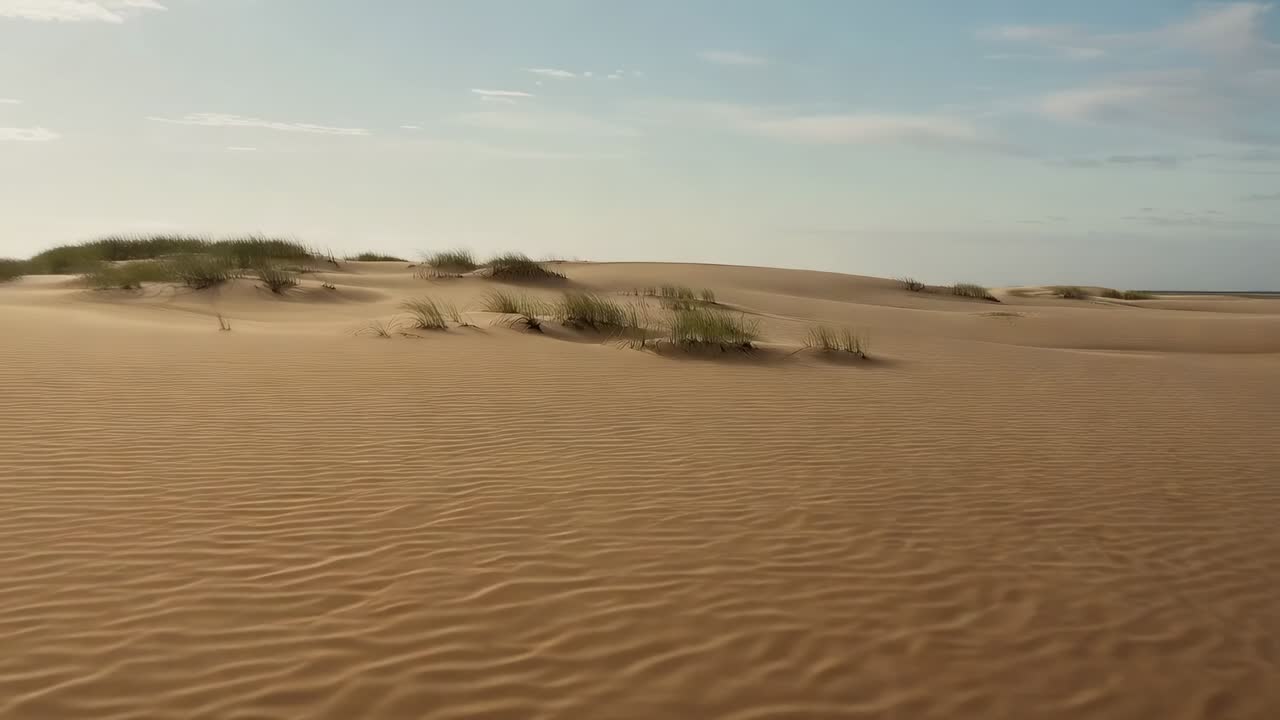 Spostamento della camera dal basso verso l'alto attraverso le dune di sabbia costiere, mostrando sabbia increspata ed erba