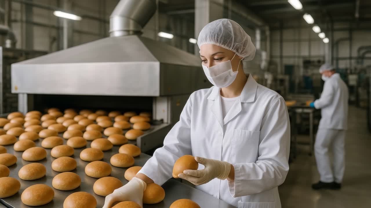 Wide-angle shot of workers in a bakery, wearing white uniforms and masks, inspecting bread
