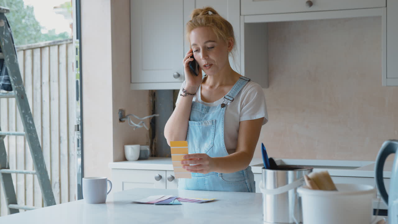 mujer renovando la cocina en casa mirando muestras de pintura y hablando por teléfono móvil