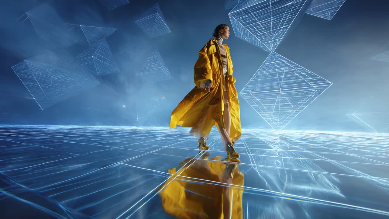 A futuristic scene features a stylish figure in a vibrant yellow coat moving gracefully across a reflective surface, set against a backdrop of geometric shapes and a cool blue ambiance, embodying modern fashion and digital art