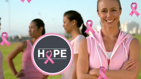 animation of hope text and pink ribbons over diverse group of women