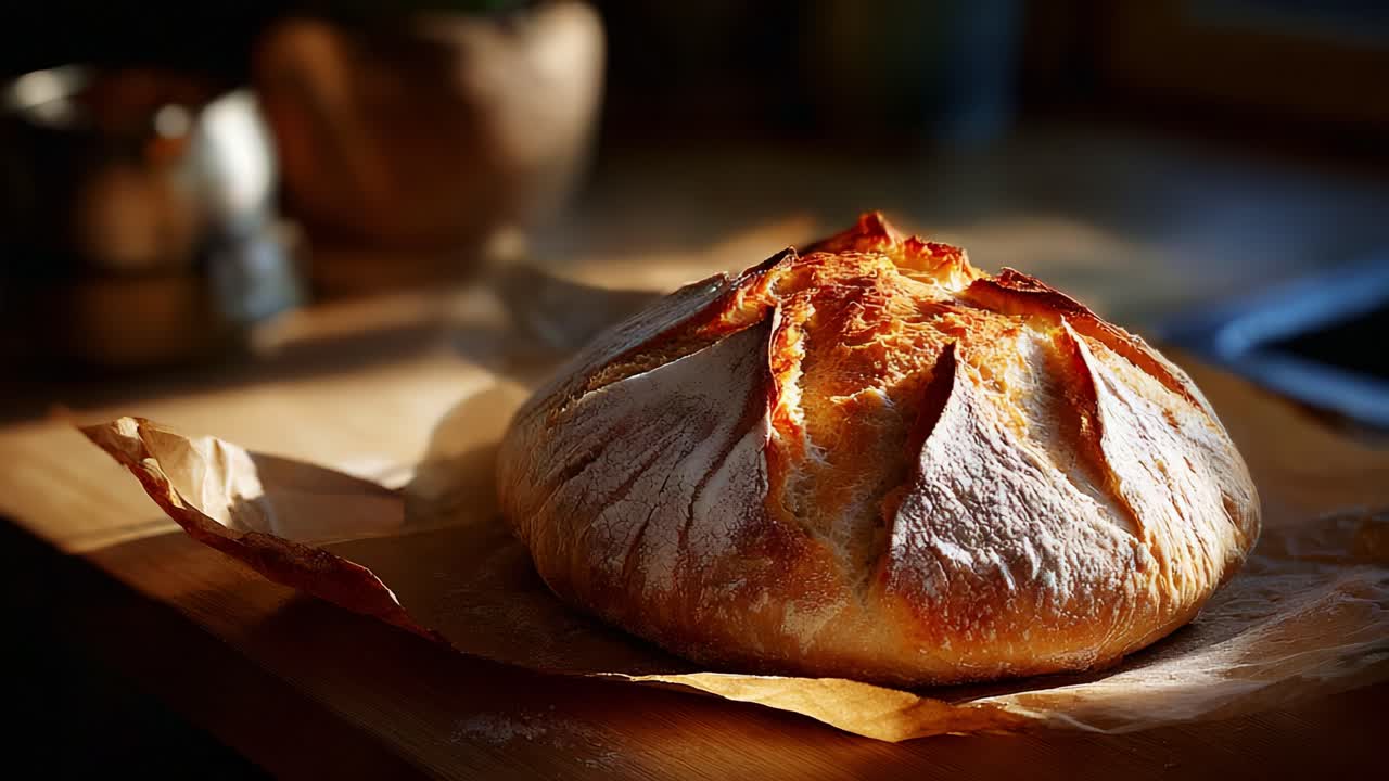 A Beautifully Baked Artisan Bread Loaf Resting on Parchment Paper in Natural Light, Showcasing Its Crisp Crust and Rustic Texture, Perfect for Culinary Enthusiasts and Home Bakers