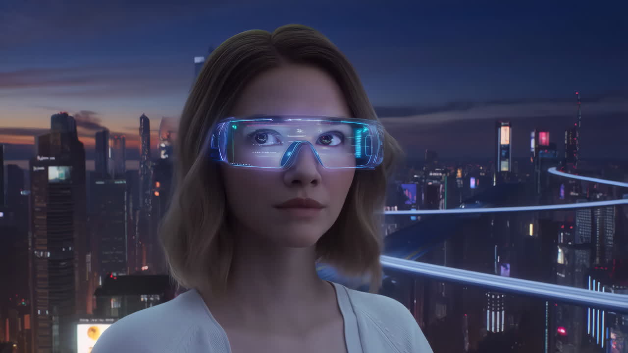 Woman wearing futuristic AR glasses in a cityscape