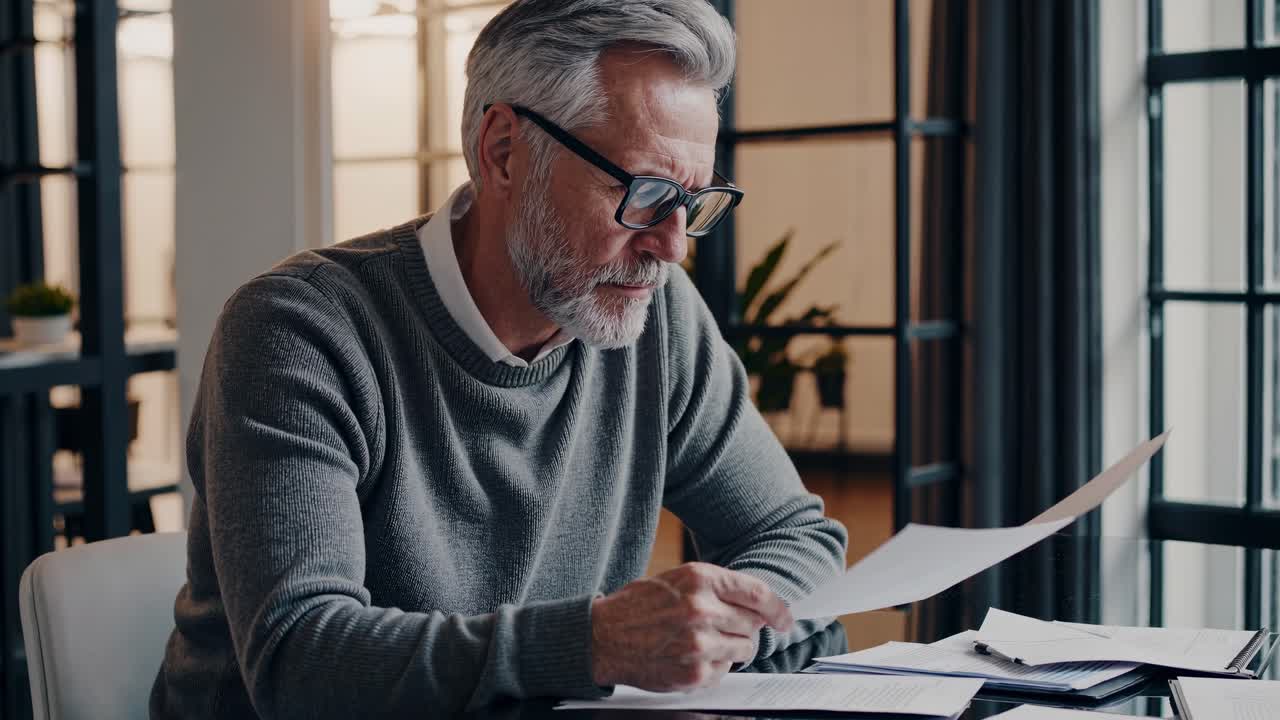 Focused mature businessman wearing eyeglasses is analyzing financial reports while sitting at his desk in modern office, concerned entrepreneur is checking documents, examining paperwork near window