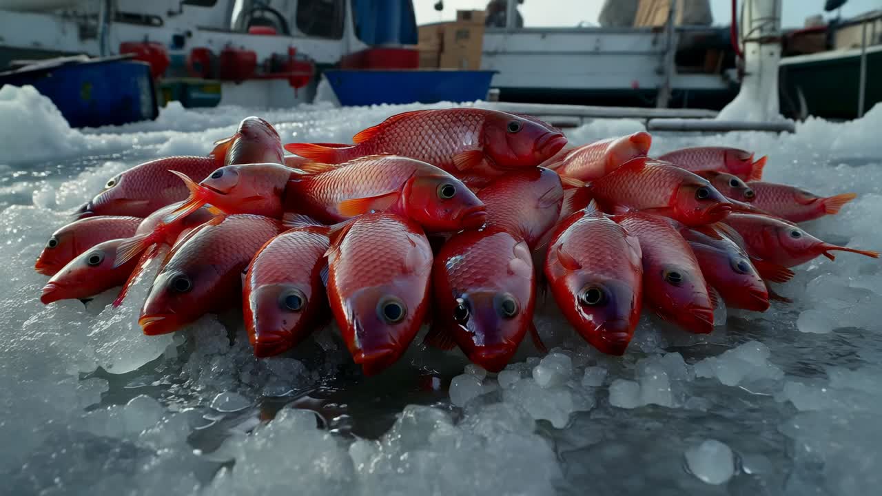 Camera moving, revealing pile of bright red fish on crushed ice aboard working boat, showing scales