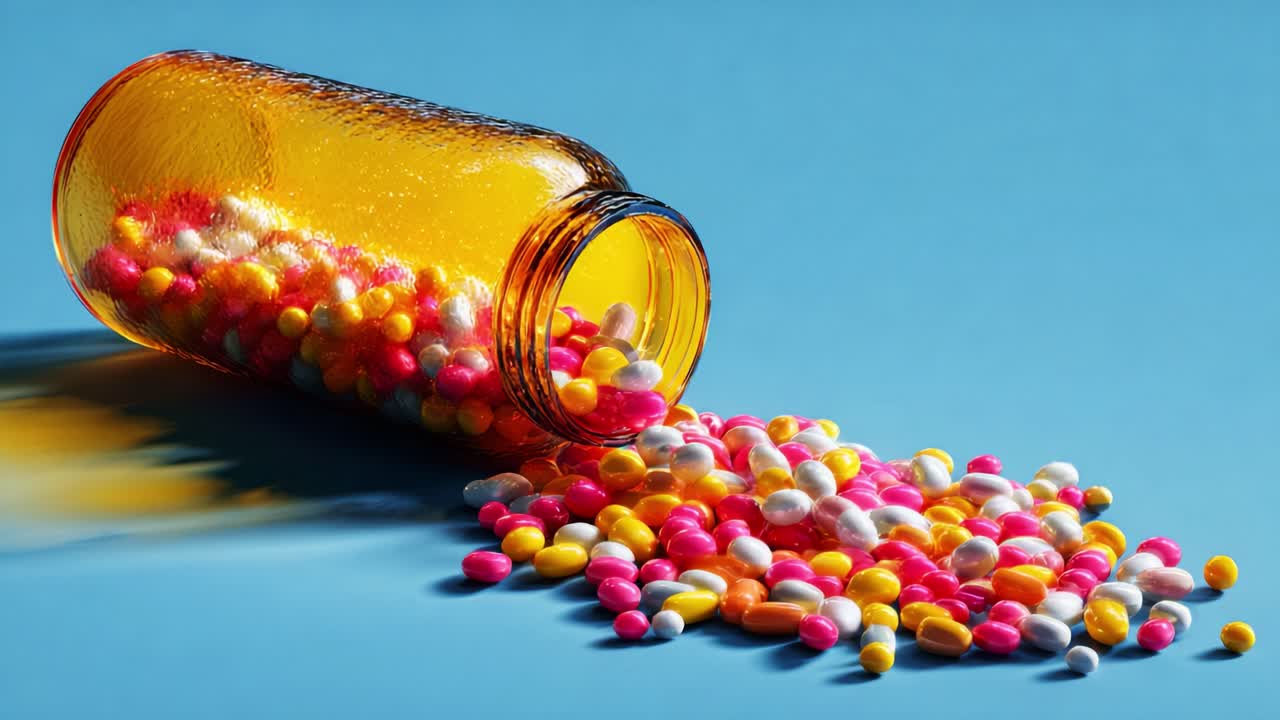 An Overturned Prescription Bottle with Colorful Pills Spilled on a Bright Blue Surface, Illustrating the Brightness and Variety of Medication