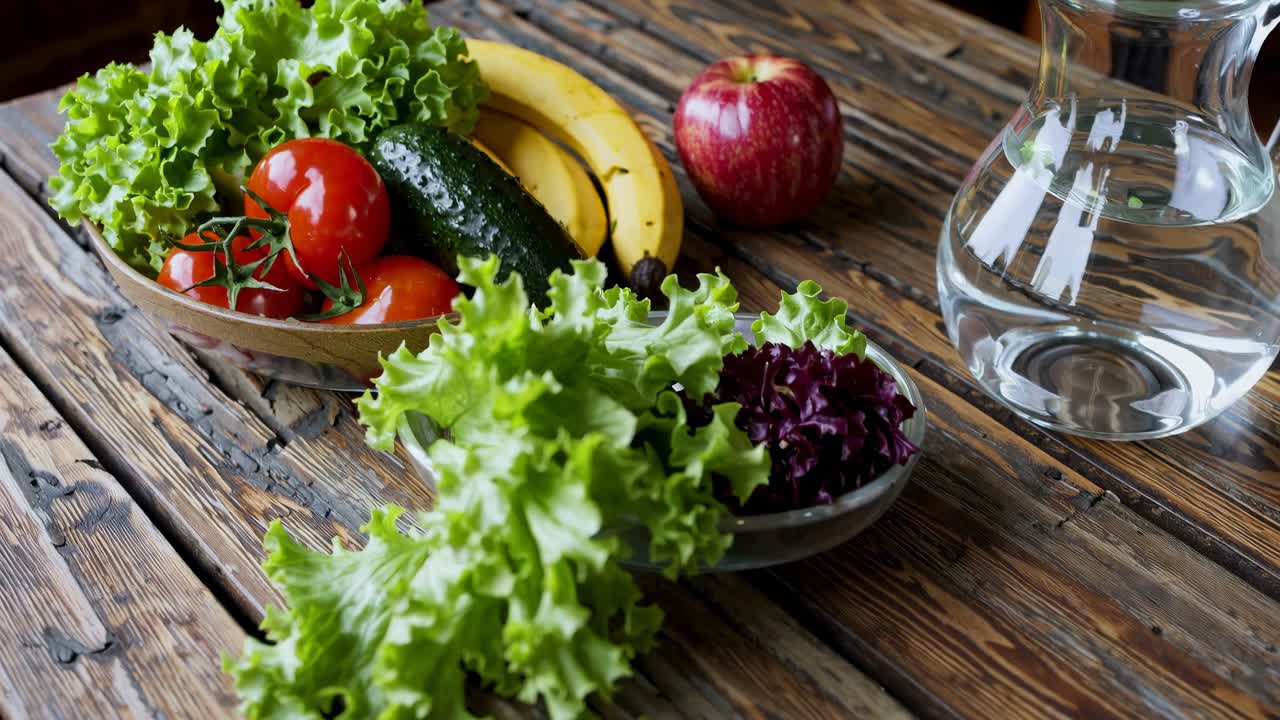 Rustic top-down video of fresh fruits and vegetables on a wooden table, featuring lettuce, tomatoes