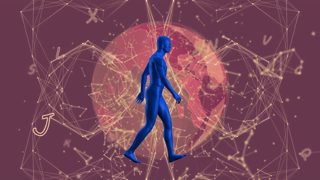animación de un modelo humano caminando, letras y globo de conexiones