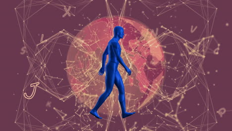 animation of human model walking, letters and globe of connections