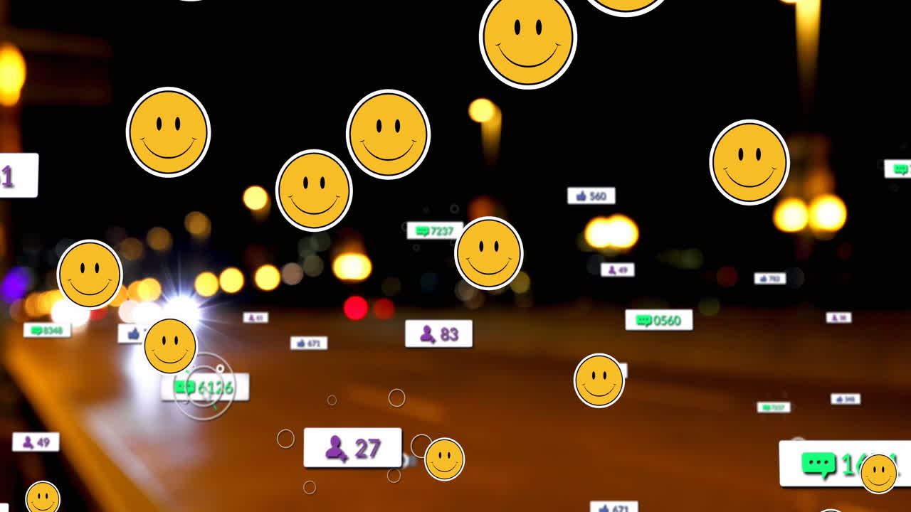 차가 있는 거리를 가로지르는 숫자를 가진 소셜 미디어 아이콘의 애니메이션